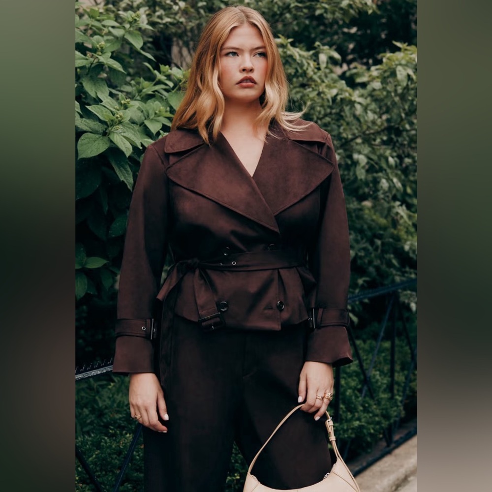 NWT Eloquii Cropped Faux Suede Trench Jacket in Brown